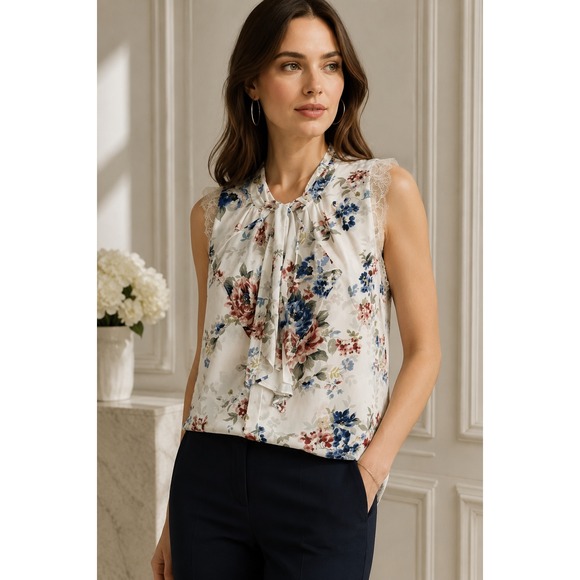 White House Black Market Tops - 2/$30 WhiteHouseBlackMarket Blouse Sz S‎ White Floral Sleeveless Dressy Neck Tie